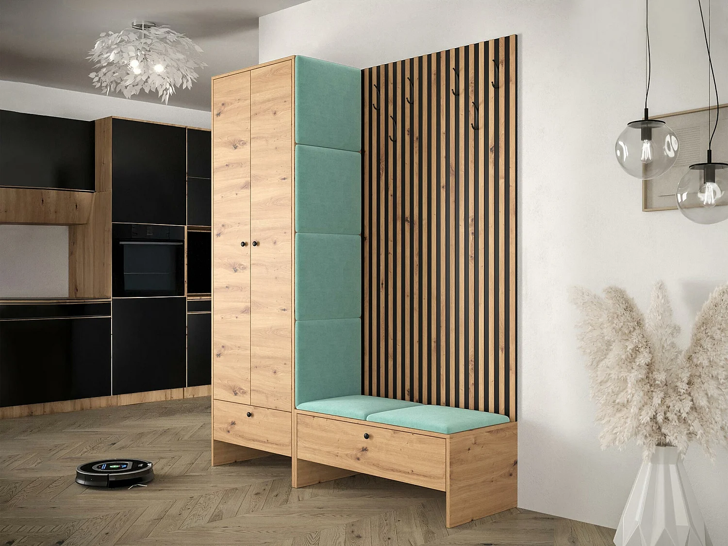 Conjunto pasillo Hartford 320, 206x145x44cm, Roble Artisan|Turquesa, Colocada