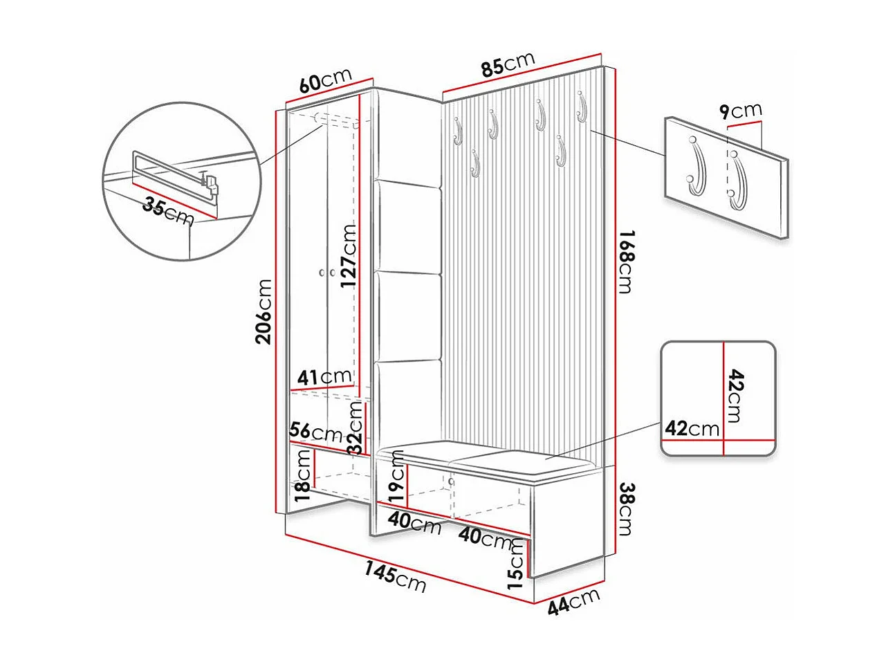 Meuble d'entrée Hartford 320, 206x145x44cm, Noir|Chêne Artisan, Stratifié|Tissu, À poser