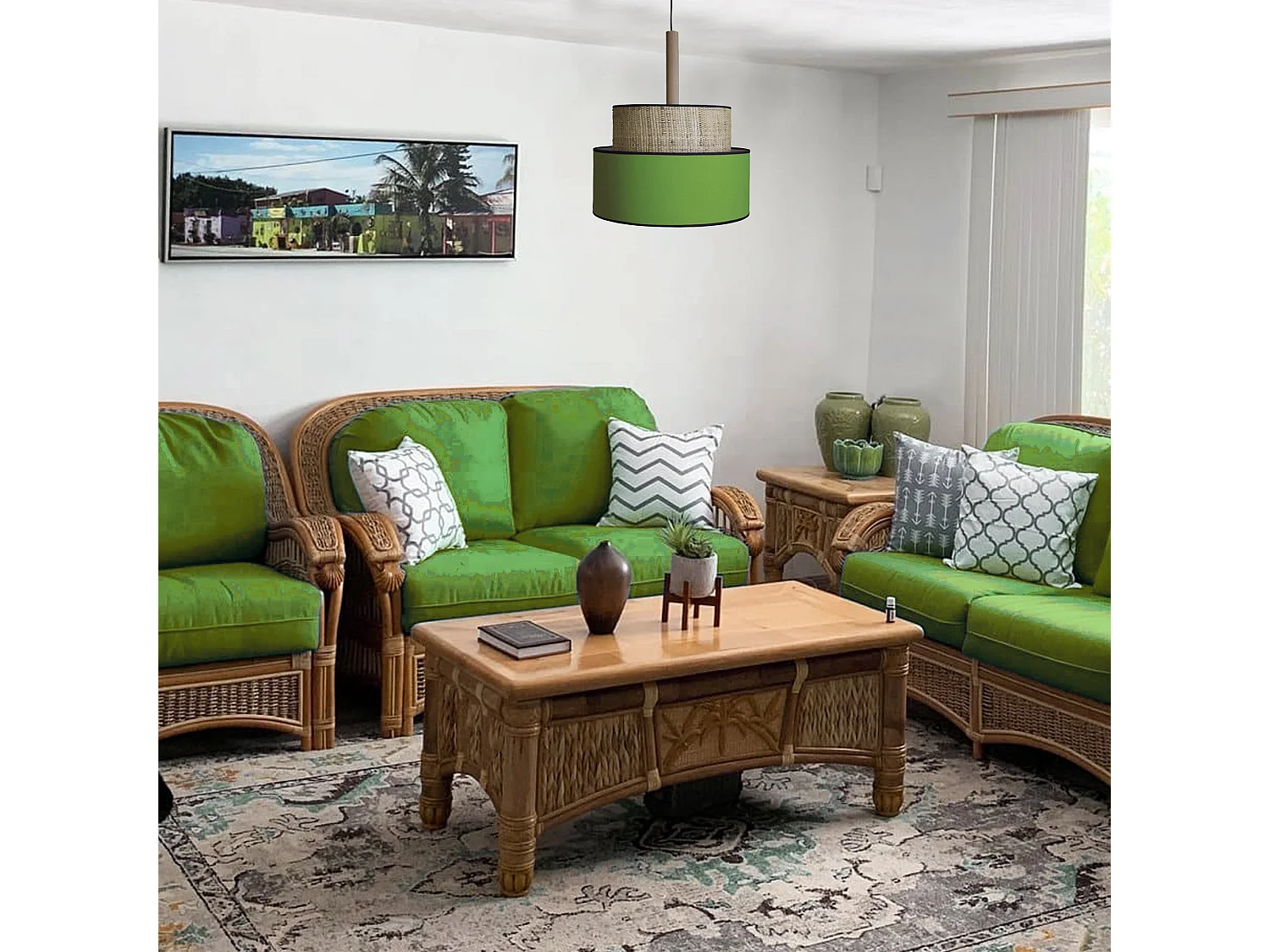 Suspension bois bicylindre paille,vert 100 cm.