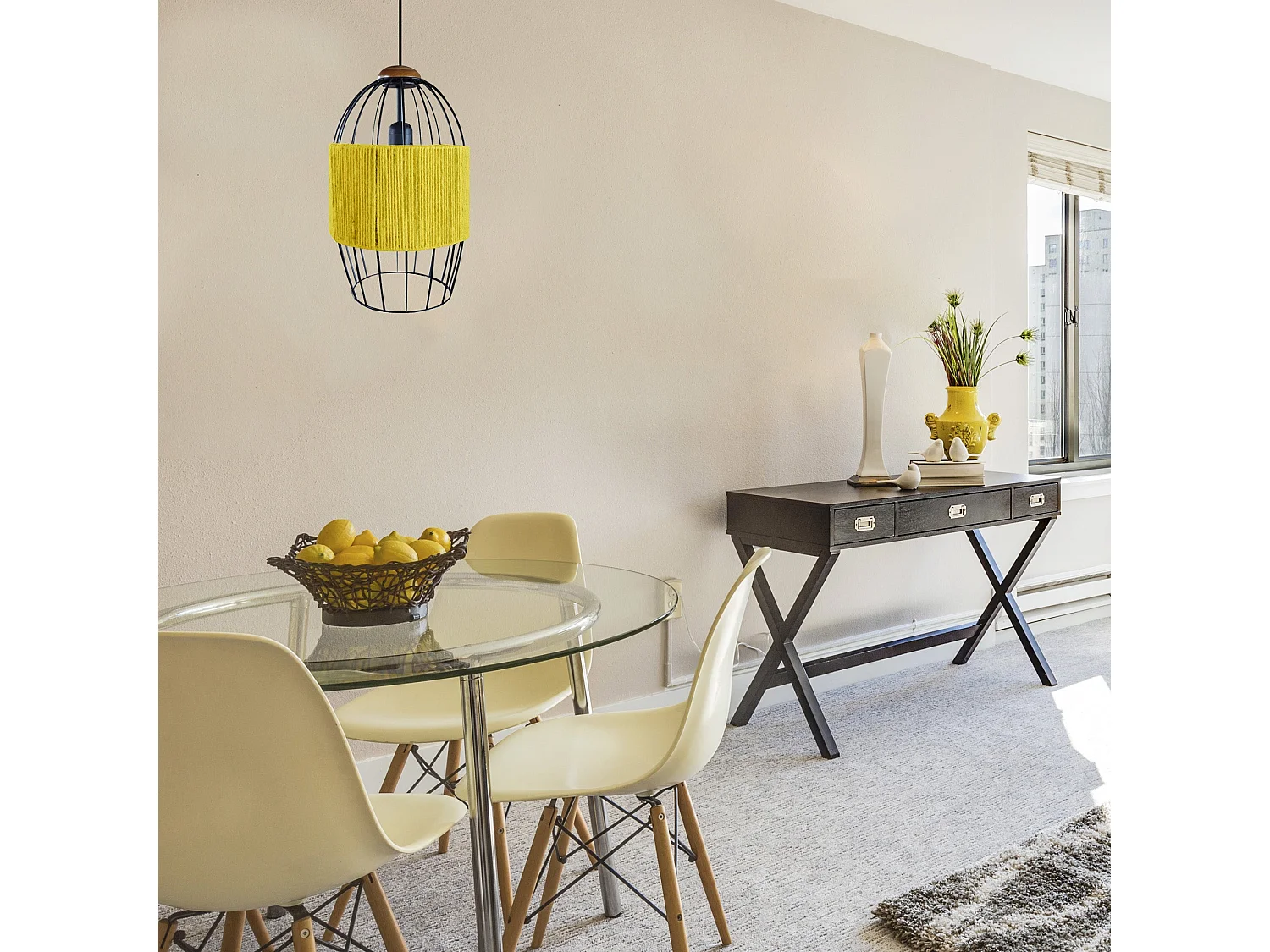 Suspensión  TOSEL ,metal, fibra,AMARILLO,A90xD 20x P 20cm