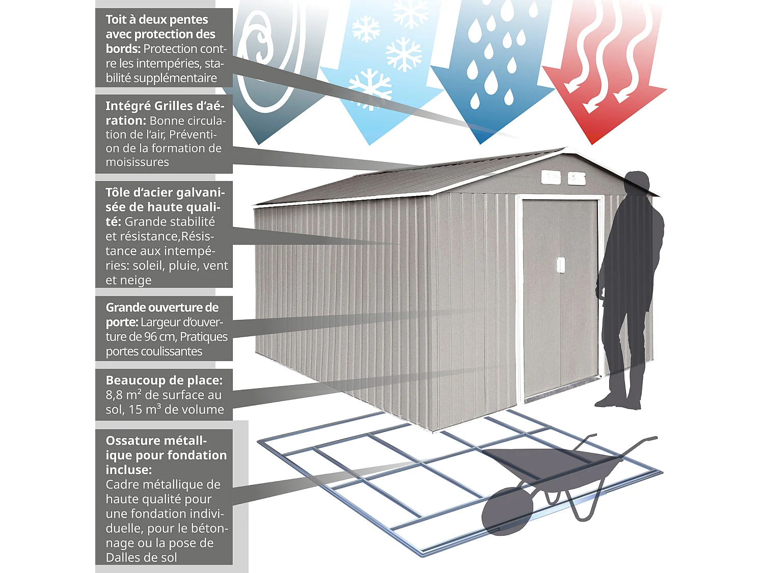 GERÄTEHAUS mit Bodenrahmen Metall S300 Hellgrau