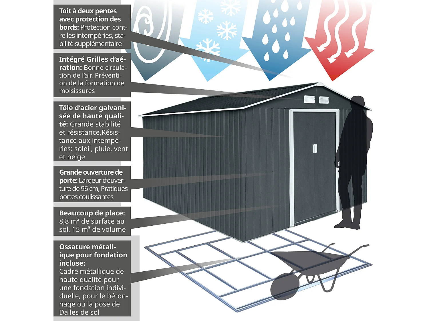 GERÄTEHAUS mit Bodenrahmen Metall S300 Grau