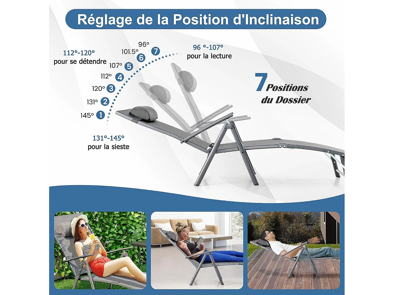 Chaise Longue Pliante, Transat Inclinable Portable (Gris)