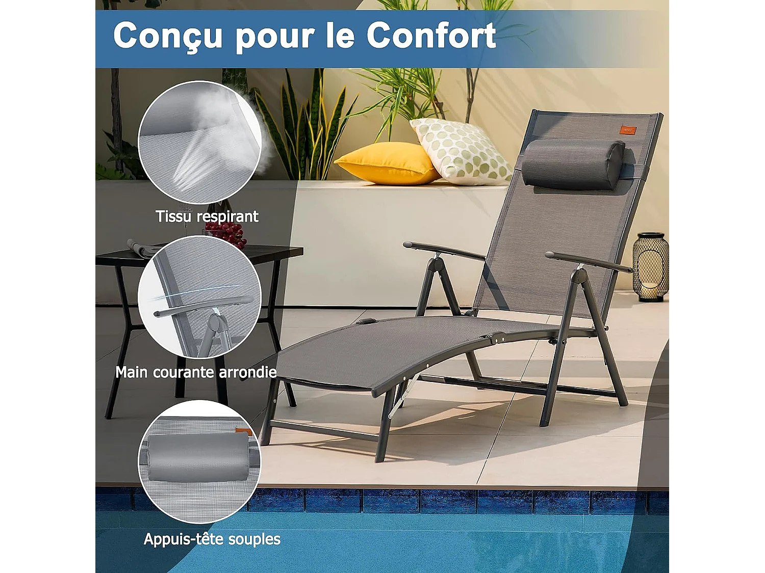 Chaise Longue Pliante, Transat Inclinable Portable (Gris)
