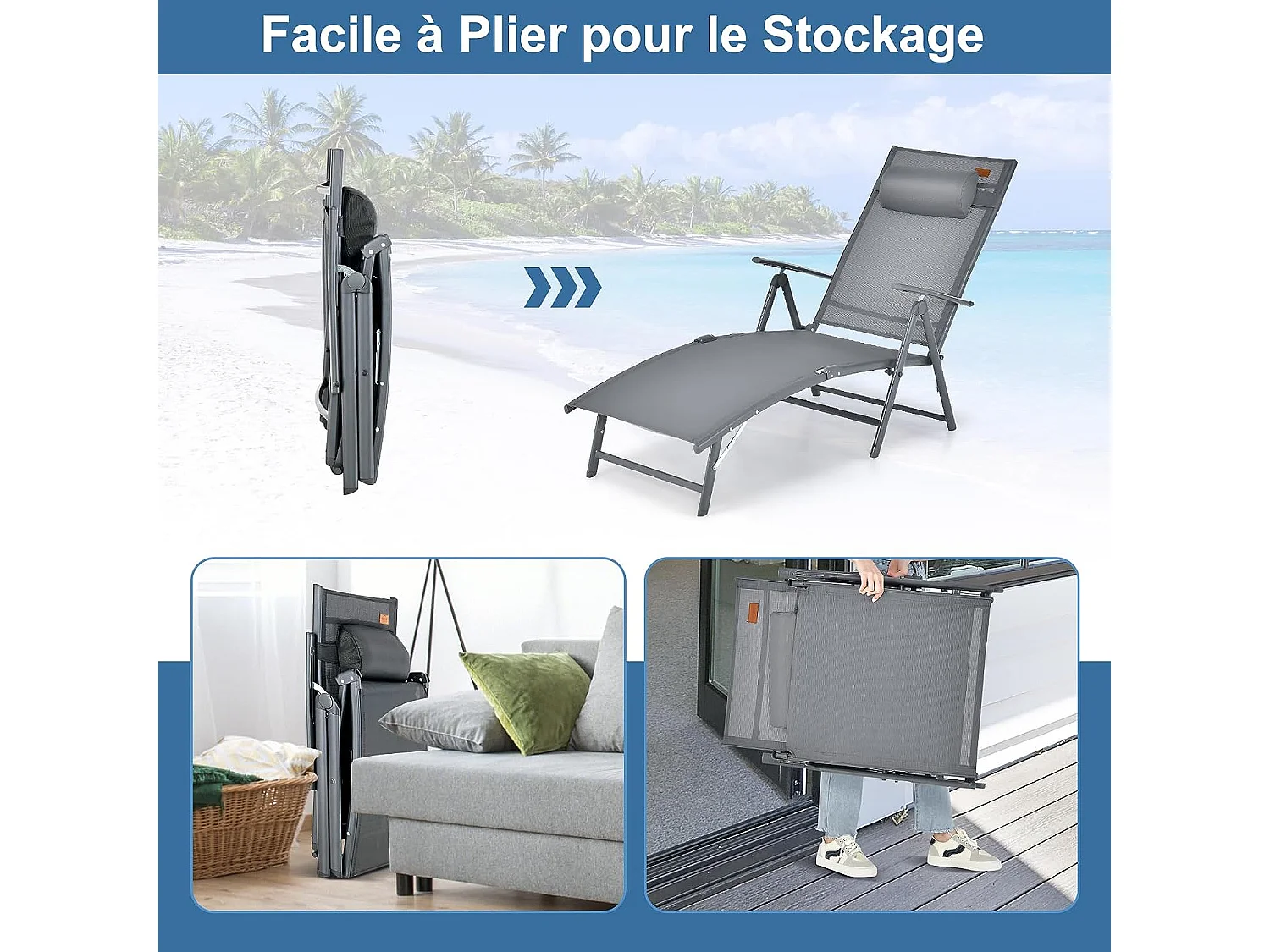 Chaise Longue Pliante, Transat Inclinable Portable (Gris)