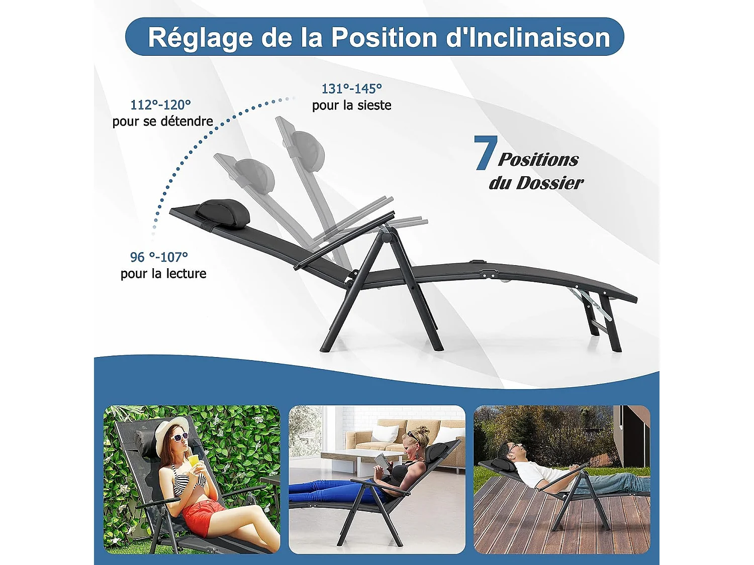 Chaise Longue Pliante, Transat Inclinable Portable (Noir)