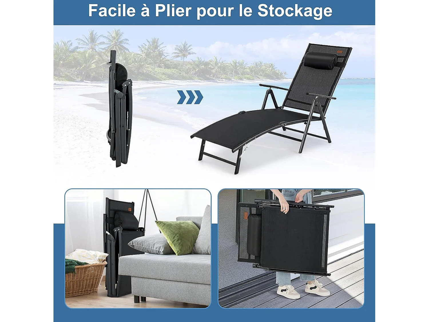 Chaise Longue Pliante, Transat Inclinable Portable (Noir)