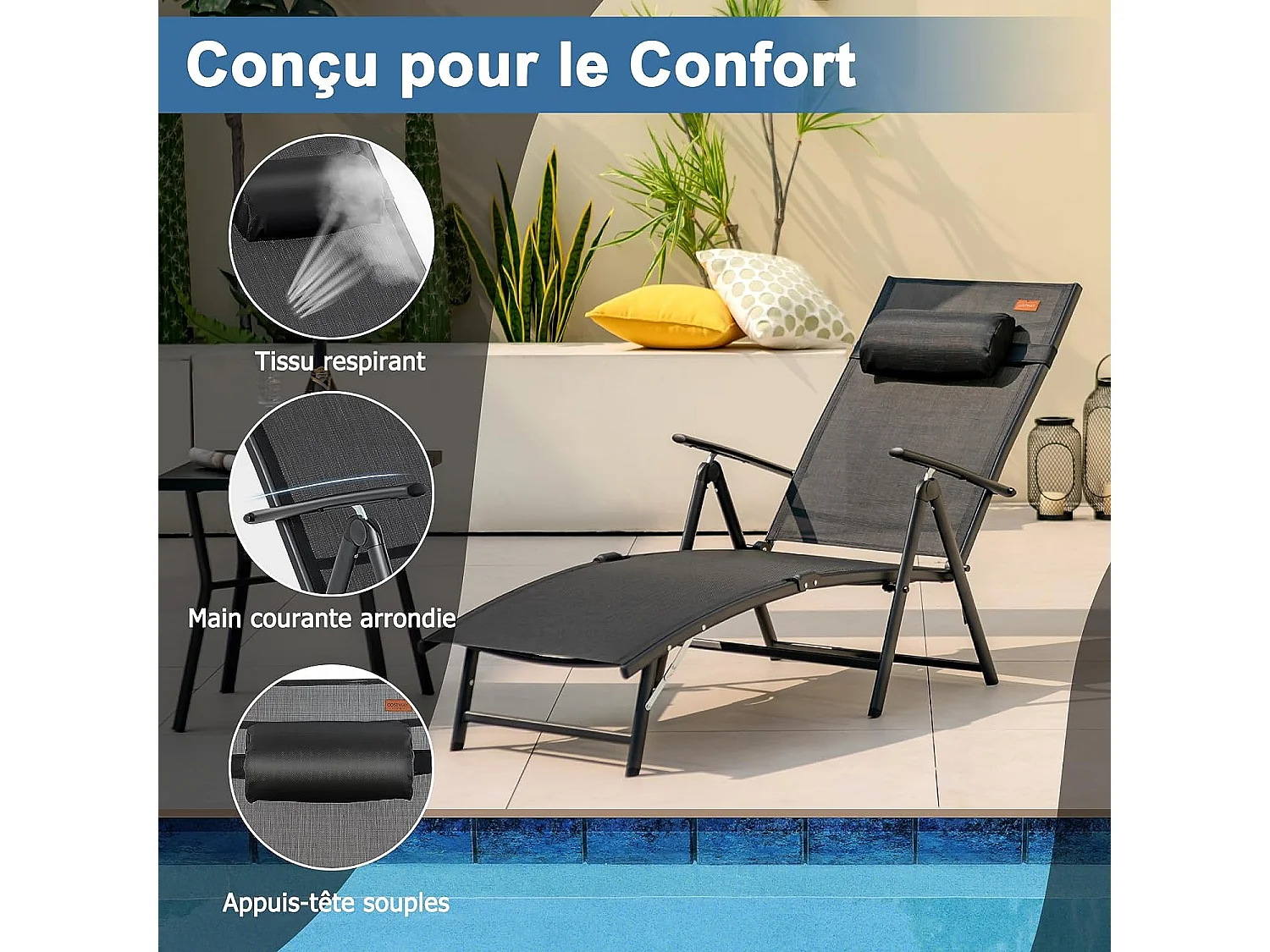 Chaise Longue Pliante, Transat Inclinable Portable (Noir)