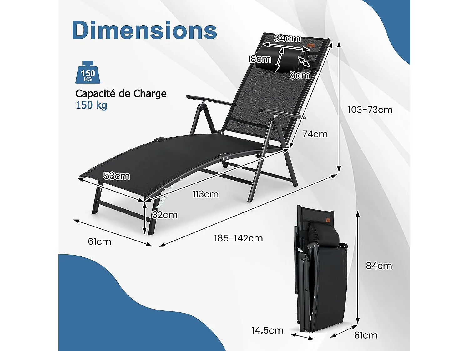 Chaise Longue Pliante, Transat Inclinable Portable (Noir)