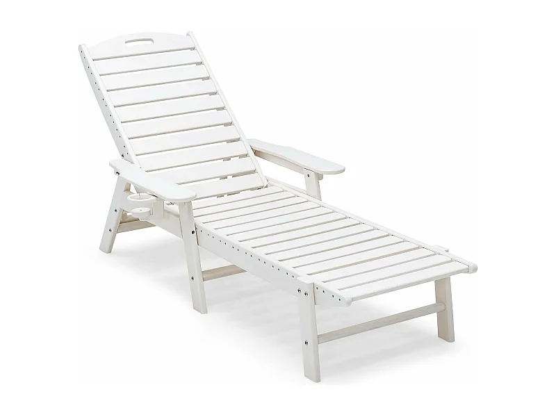 Bain de Soleil Inclinable à Dossier Réglable 5 Positions, Transat Jardin avec Porte-Gobelet Accoudoirs, Chaise Longue pour Piscine Patio Cour, Charge 150 KG, Blanc