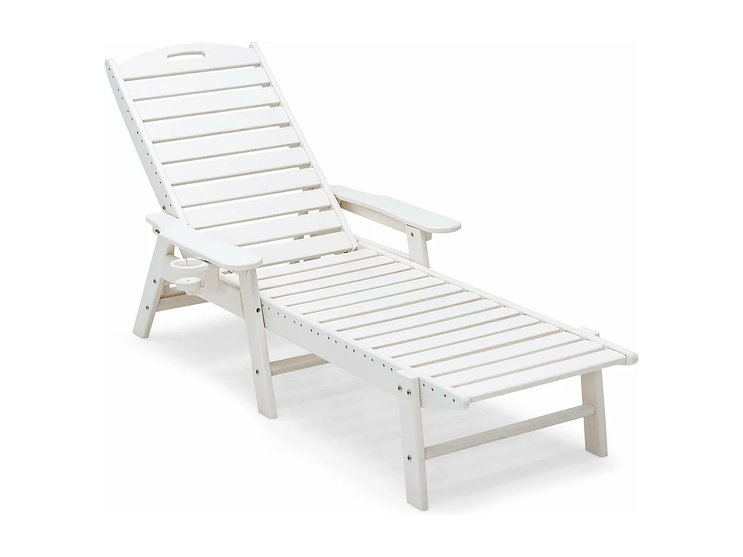 Bain de Soleil Inclinable à Dossier Réglable 5 Positions, Transat Jardin avec Porte-Gobelet Accoudoirs, Chaise Longue pour Piscine Patio Cour, Charge 150 KG, Blanc