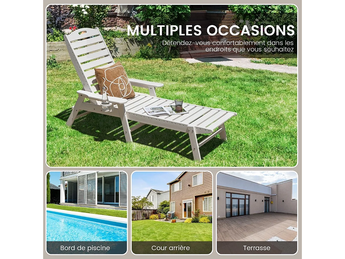 Bain de Soleil Inclinable à Dossier Réglable 5 Positions, Transat Jardin avec Porte-Gobelet Accoudoirs, Chaise Longue pour Piscine Patio Cour, Charge 150 KG, Blanc