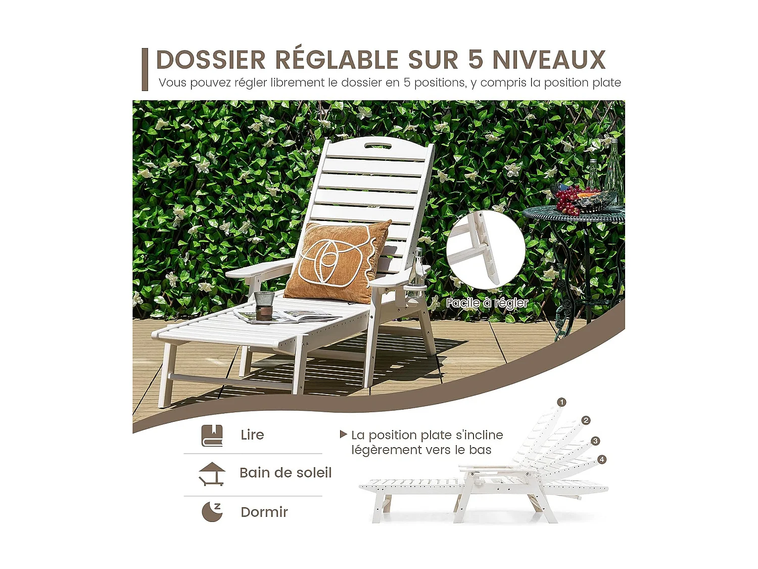 Bain de Soleil Inclinable à Dossier Réglable 5 Positions, Transat Jardin avec Porte-Gobelet Accoudoirs, Chaise Longue pour Piscine Patio Cour, Charge 150 KG, Blanc