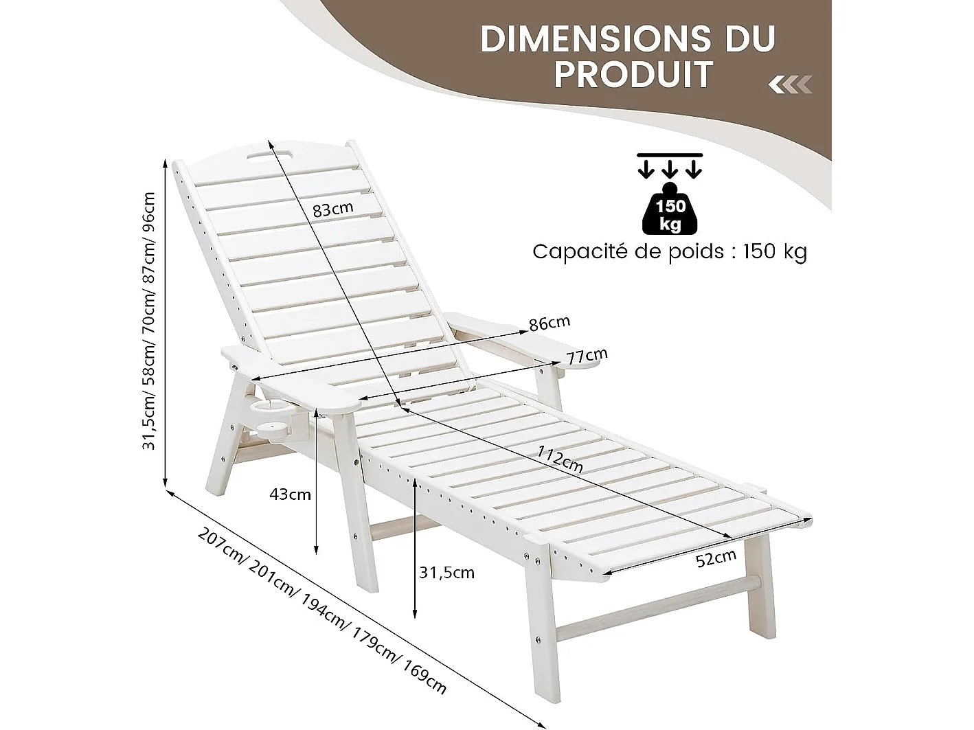 Bain de Soleil Inclinable à Dossier Réglable 5 Positions, Transat Jardin avec Porte-Gobelet Accoudoirs, Chaise Longue pour Piscine Patio Cour, Charge 150 KG, Blanc