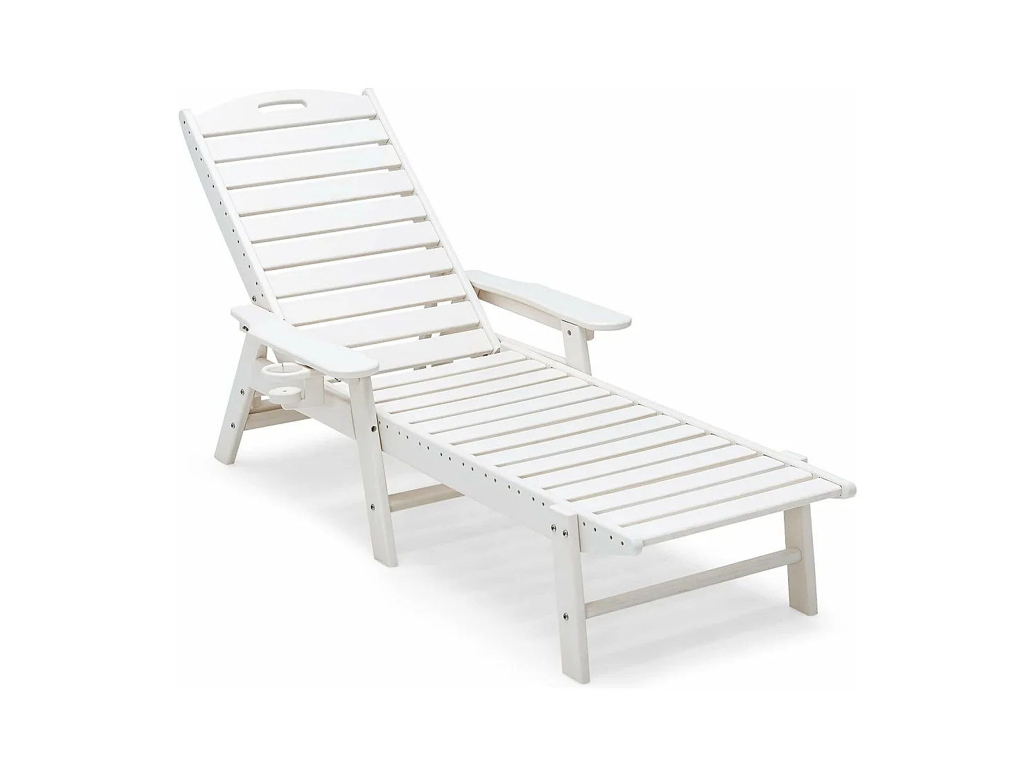 Bain de Soleil Inclinable à Dossier Réglable 5 Positions, Transat Jardin avec Porte-Gobelet Accoudoirs, Chaise Longue pour Piscine Patio Cour, Charge 150 KG, Blanc