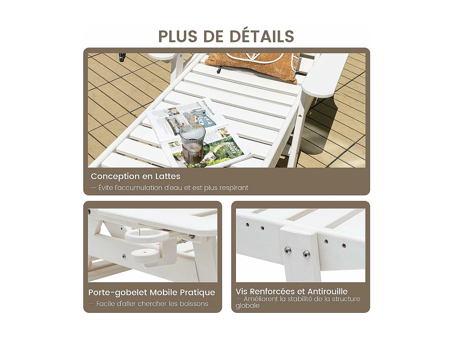 Bain de Soleil Inclinable à Dossier Réglable 5 Positions, Transat Jardin avec Porte-Gobelet Accoudoirs, Chaise Longue pour Piscine Patio Cour, Charge 150 KG, Blanc