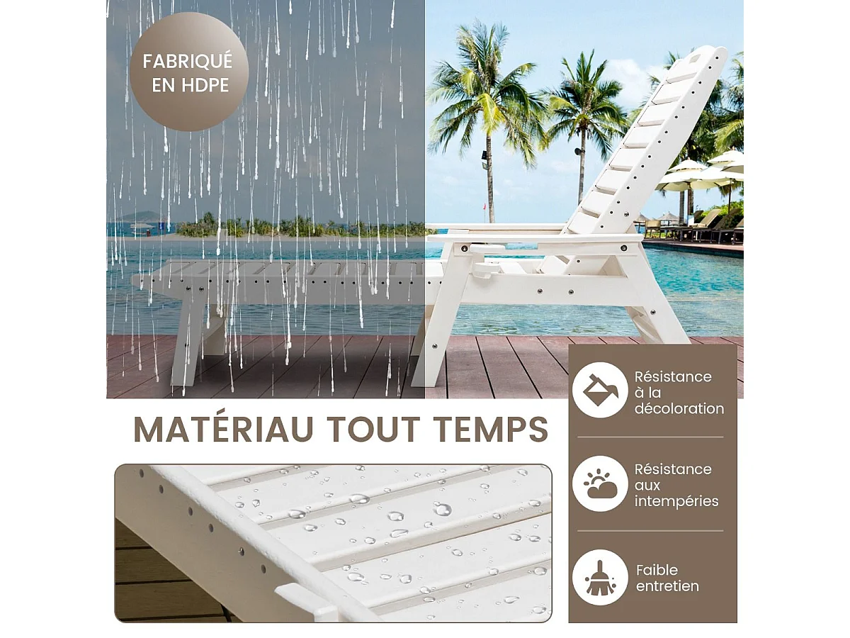 Bain de Soleil Inclinable à Dossier Réglable 5 Positions, Transat Jardin avec Porte-Gobelet Accoudoirs, Chaise Longue pour Piscine Patio Cour, Charge 150 KG, Blanc
