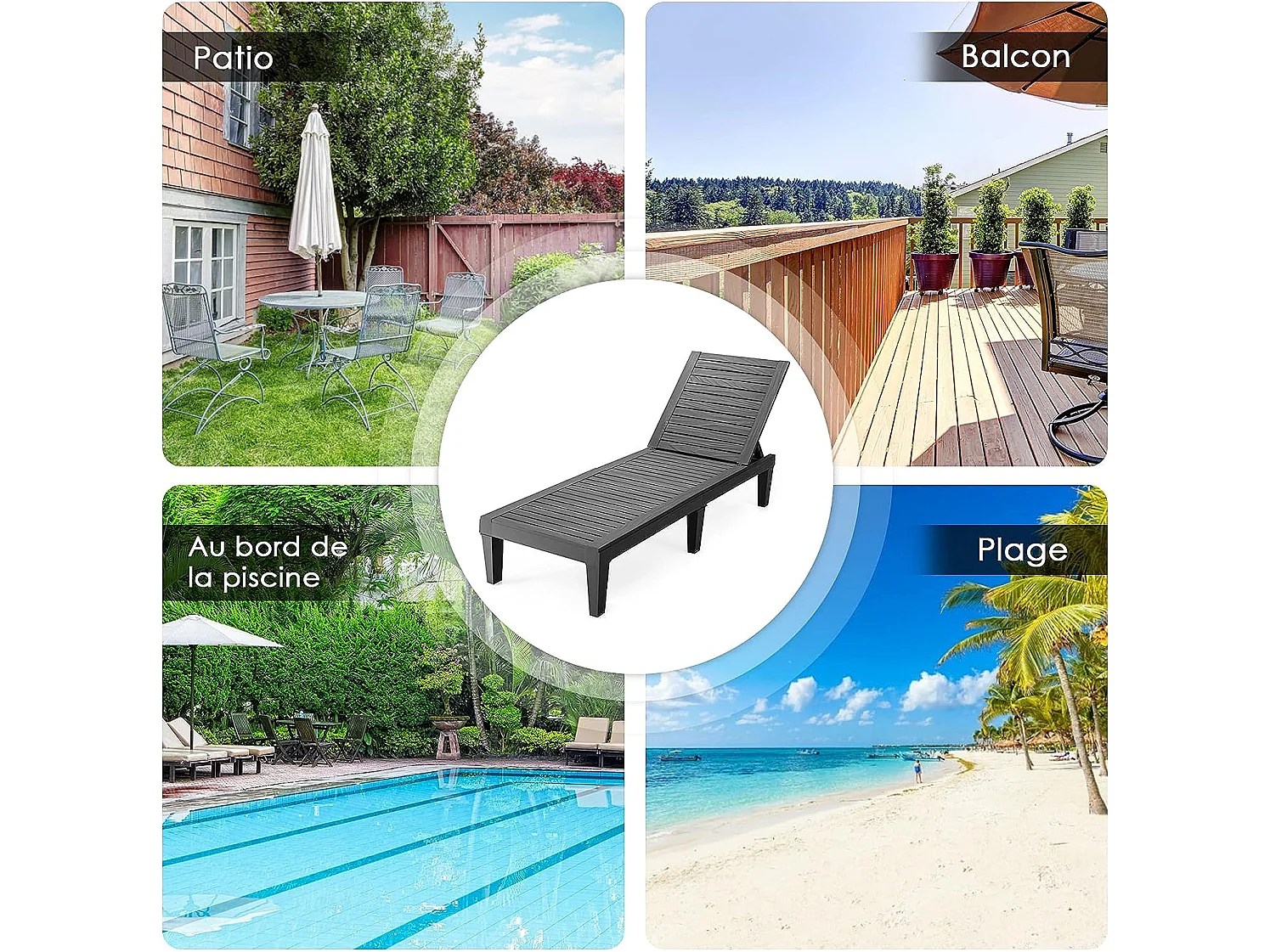 Bain de Soleil Inclinable Chaise Longue Dossier Réglable sur 5 Positions Charge 180KG Résistante aux Intempéries pour Plage Noir