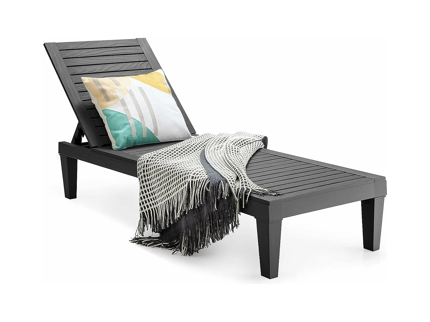 Bain de Soleil Inclinable Chaise Longue Dossier Réglable sur 5 Positions Charge 180KG Résistante aux Intempéries pour Plage Noir