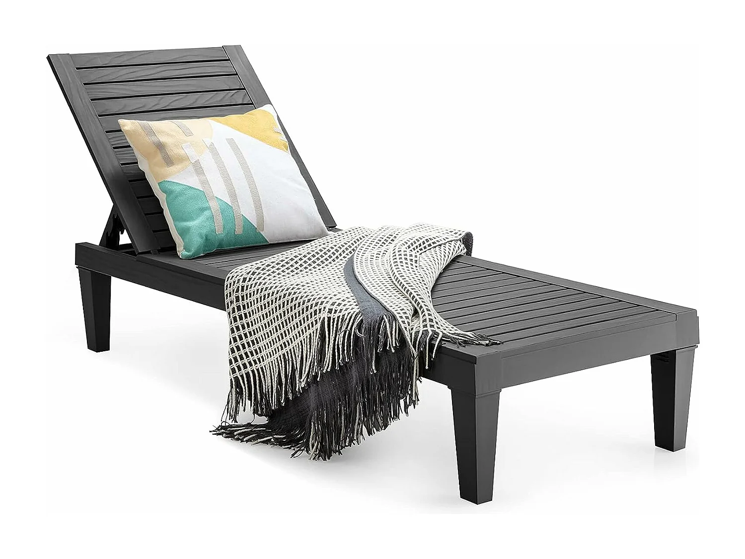 Bain de Soleil Inclinable Chaise Longue Dossier Réglable sur 5 Positions Charge 180KG Résistante aux Intempéries pour Plage Noir