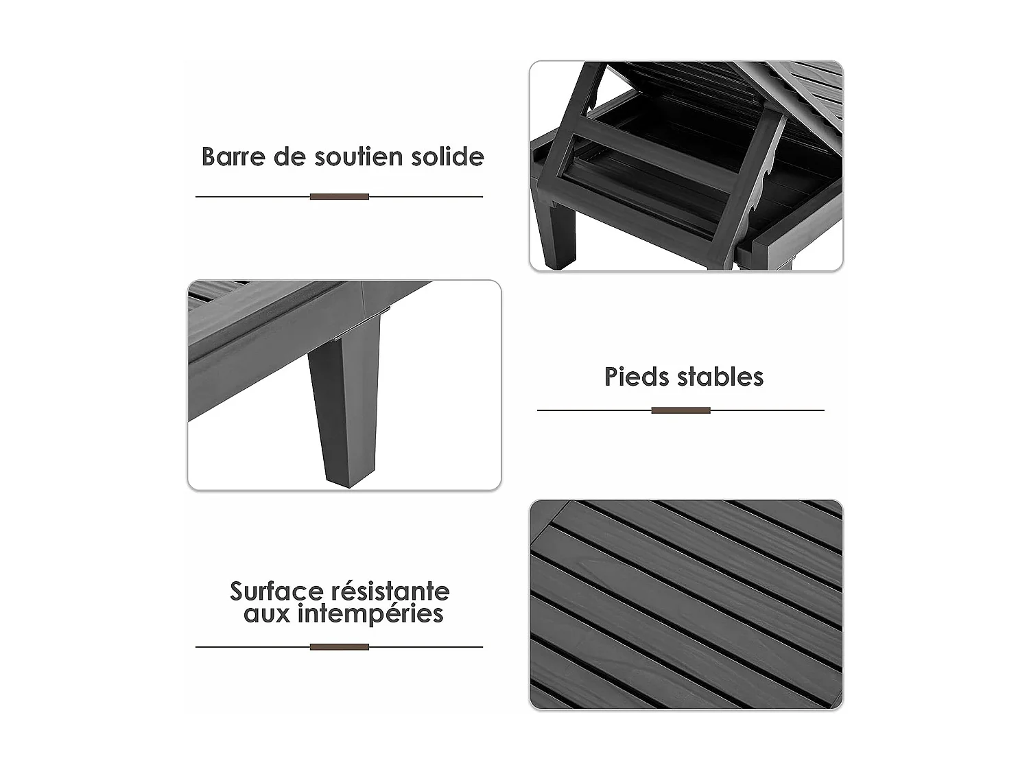 Bain de Soleil Inclinable Chaise Longue Dossier Réglable sur 5 Positions Charge 180KG Résistante aux Intempéries pour Plage Noir