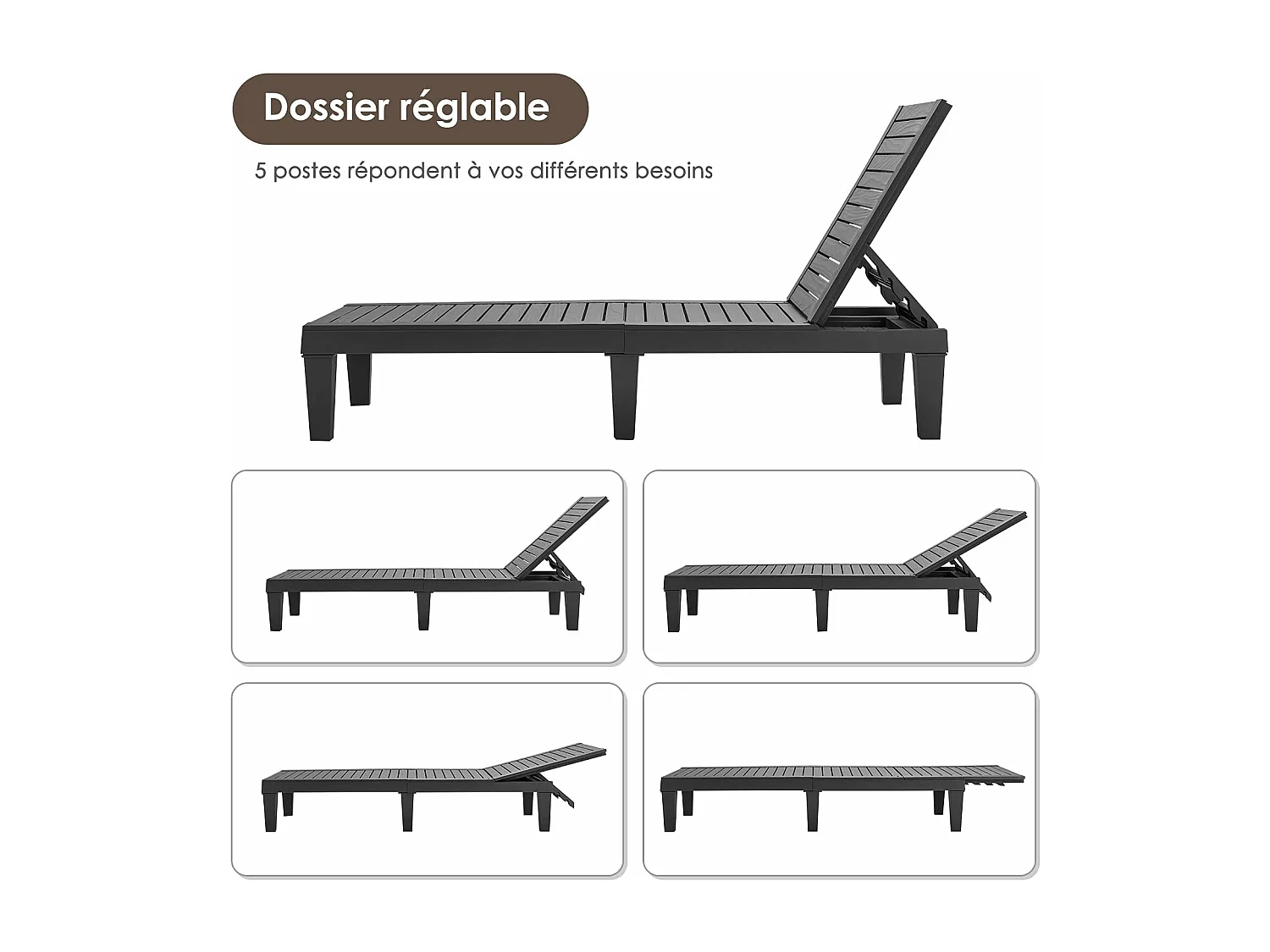 Bain de Soleil Inclinable Chaise Longue Dossier Réglable sur 5 Positions Charge 180KG Résistante aux Intempéries pour Plage Noir