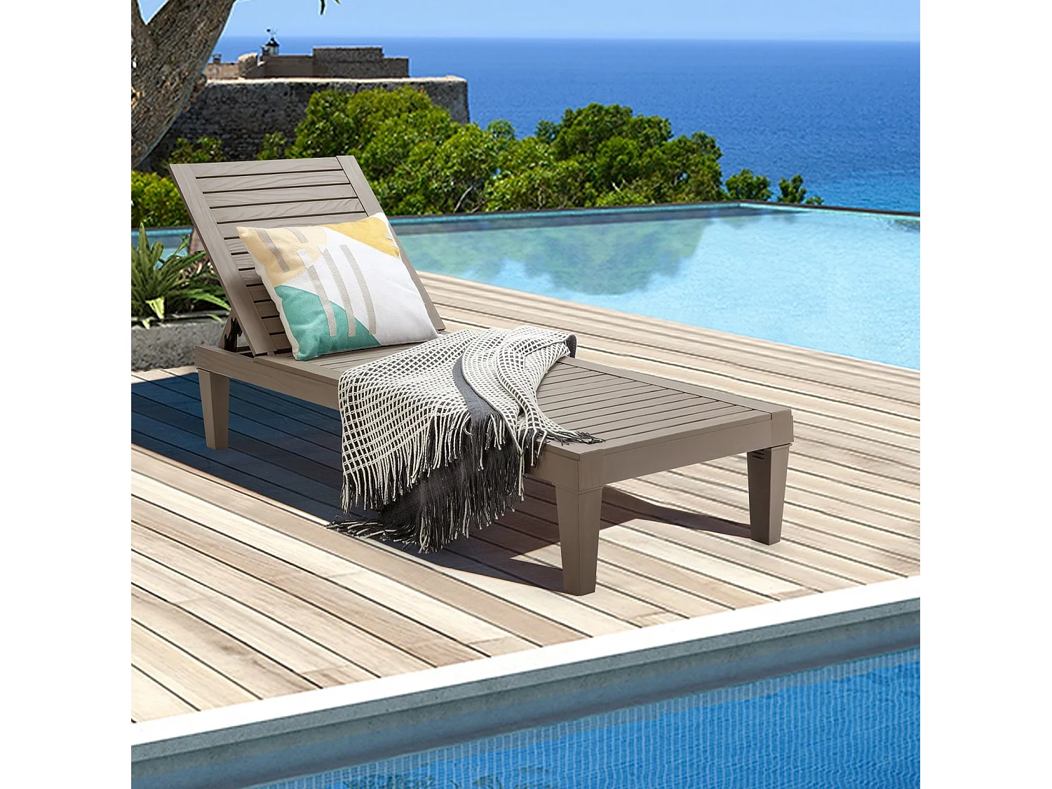 Bain de Soleil Inclinable Chaise Longue Dossier Réglable sur 5 Positions Charge 180KG Résistante aux Intempéries pour Plage (Marron)
