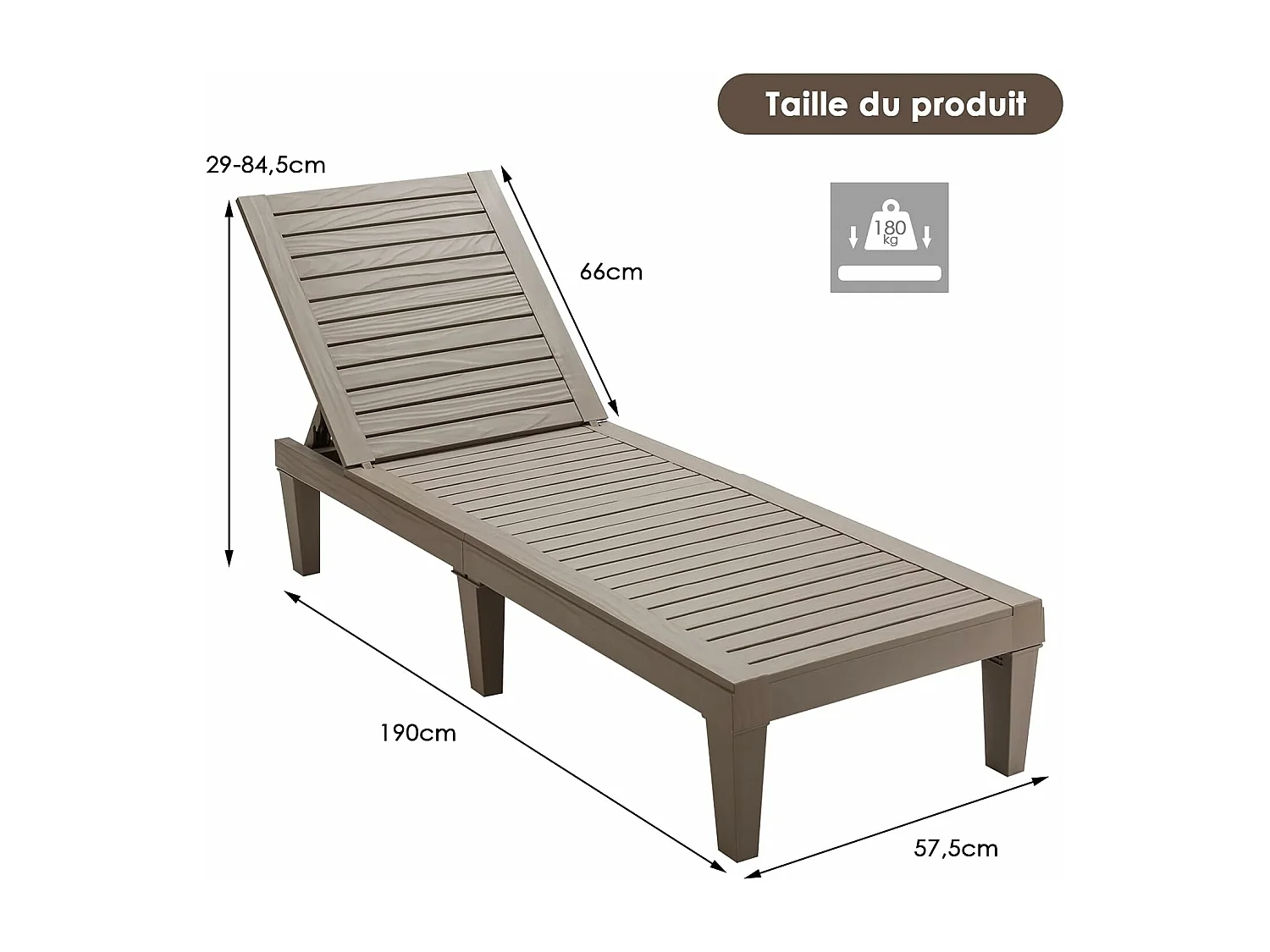 Bain de Soleil Inclinable Chaise Longue Dossier Réglable sur 5 Positions Charge 180KG Résistante aux Intempéries pour Plage (Marron)