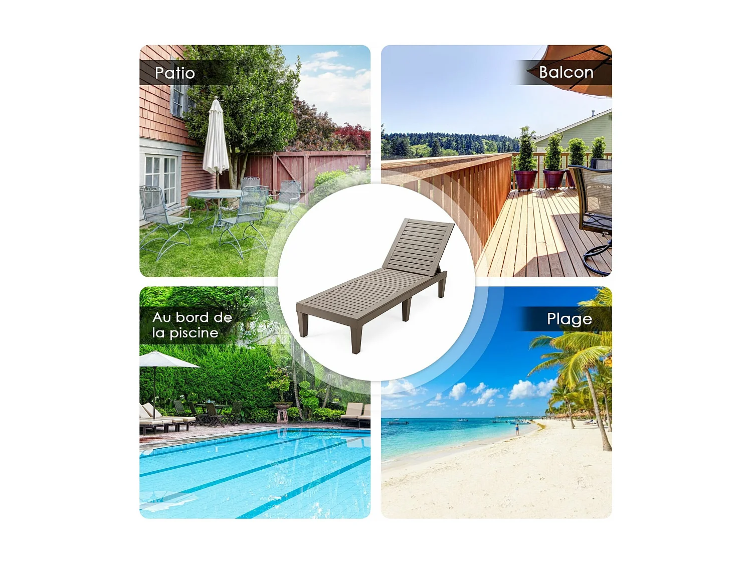 Bain de Soleil Inclinable Chaise Longue Dossier Réglable sur 5 Positions Charge 180KG Résistante aux Intempéries pour Plage (Marron)
