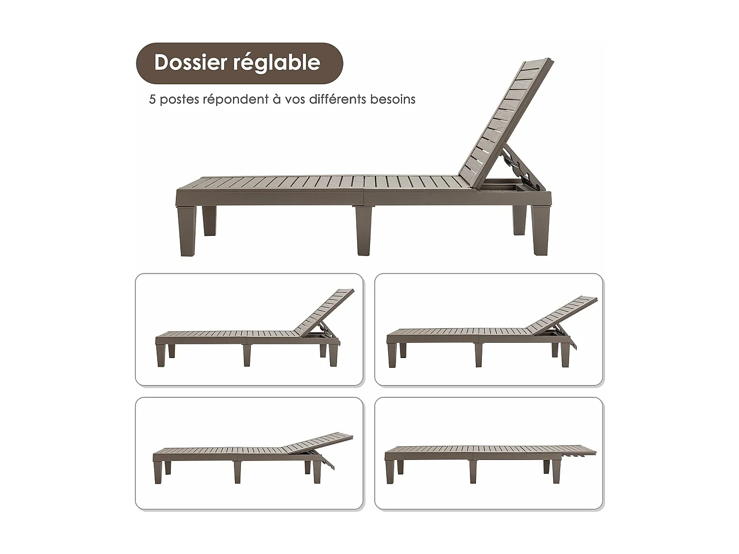 Bain de Soleil Inclinable Chaise Longue Dossier Réglable sur 5 Positions Charge 180KG Résistante aux Intempéries pour Plage (Marron)