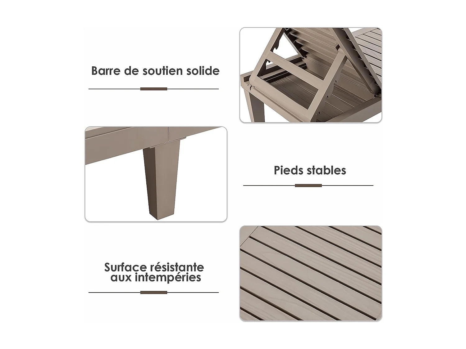 Bain de Soleil Inclinable Chaise Longue Dossier Réglable sur 5 Positions Charge 180KG Résistante aux Intempéries pour Plage (Marron)