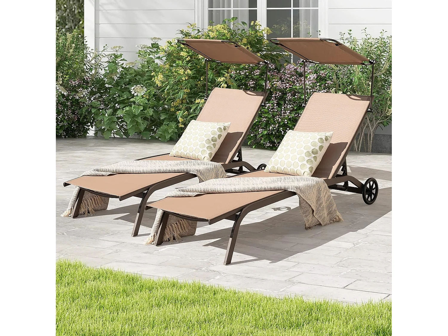 Chaise Longue de Jardin Inclinable Pliable, avec 6 Dossier Réglable, Auvent Rotatif, 2 Roulettes, Charge Max 150 kg