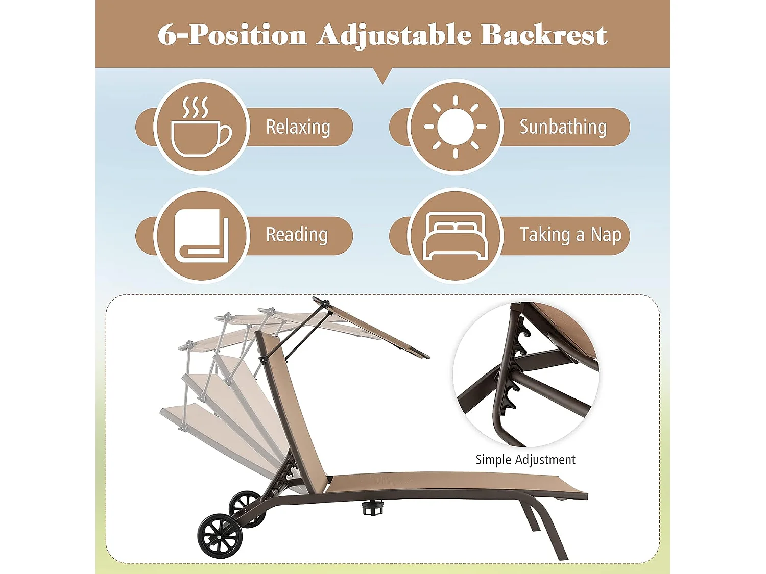 Chaise Longue de Jardin Inclinable Pliable, avec 6 Dossier Réglable, Auvent Rotatif, 2 Roulettes, Charge Max 150 kg