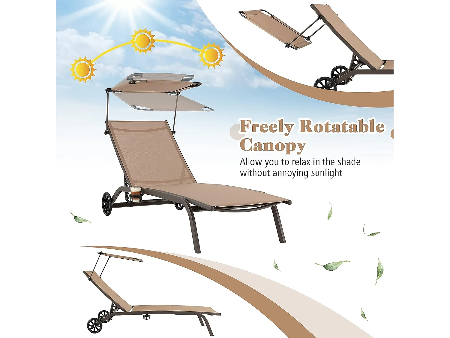 Chaise Longue de Jardin Inclinable Pliable, avec 6 Dossier Réglable, Auvent Rotatif, 2 Roulettes, Charge Max 150 kg