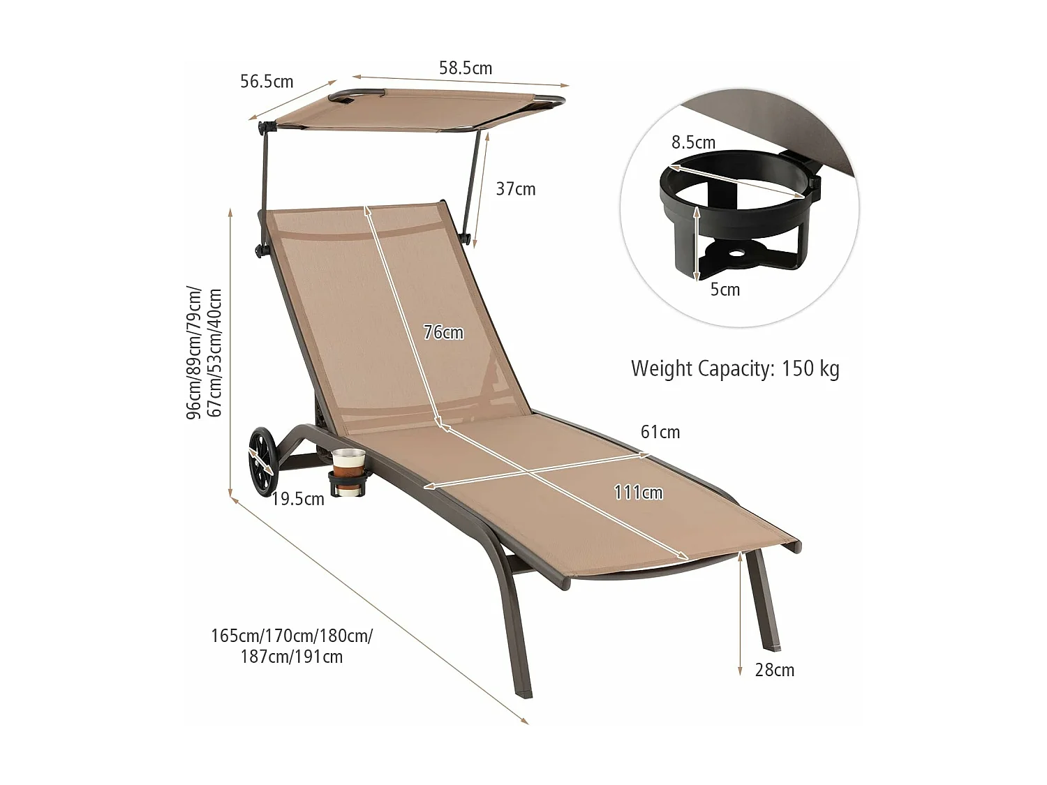 Chaise Longue de Jardin Inclinable Pliable, avec 6 Dossier Réglable, Auvent Rotatif, 2 Roulettes, Charge Max 150 kg