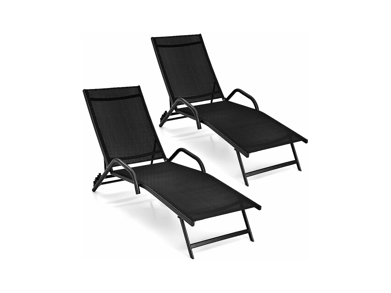 Lot de 2 Bains de Soleil Inclinables d'Extérieur avec Accoudoirs et Dossier Réglable à 5 Positions, Charge 150 kg, Noir