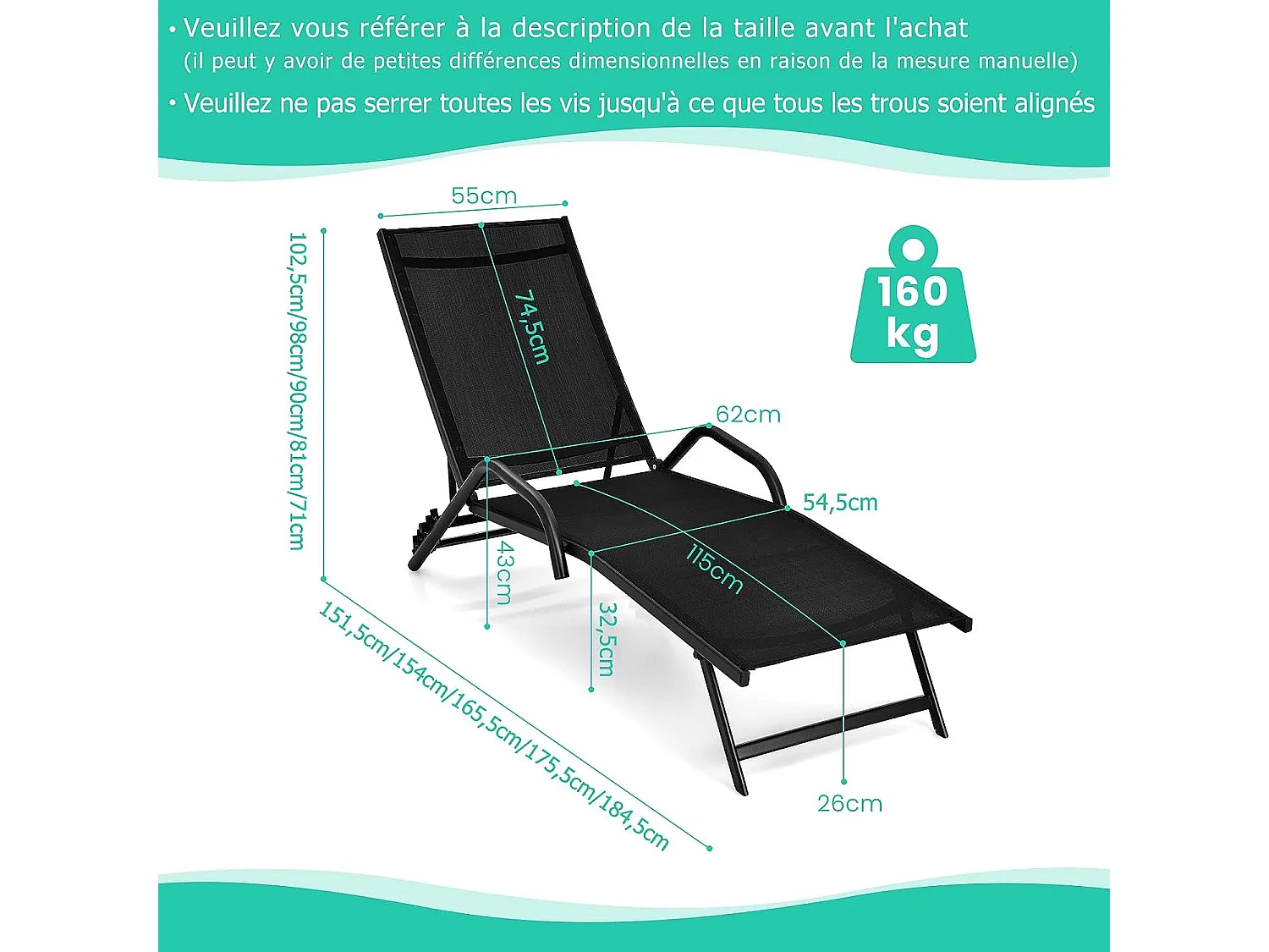 Set van 2 ligstoelen voor buiten met armleuningen en in 5 standen verstelbare rugleuning, draagvermogen 150 kg, zwart