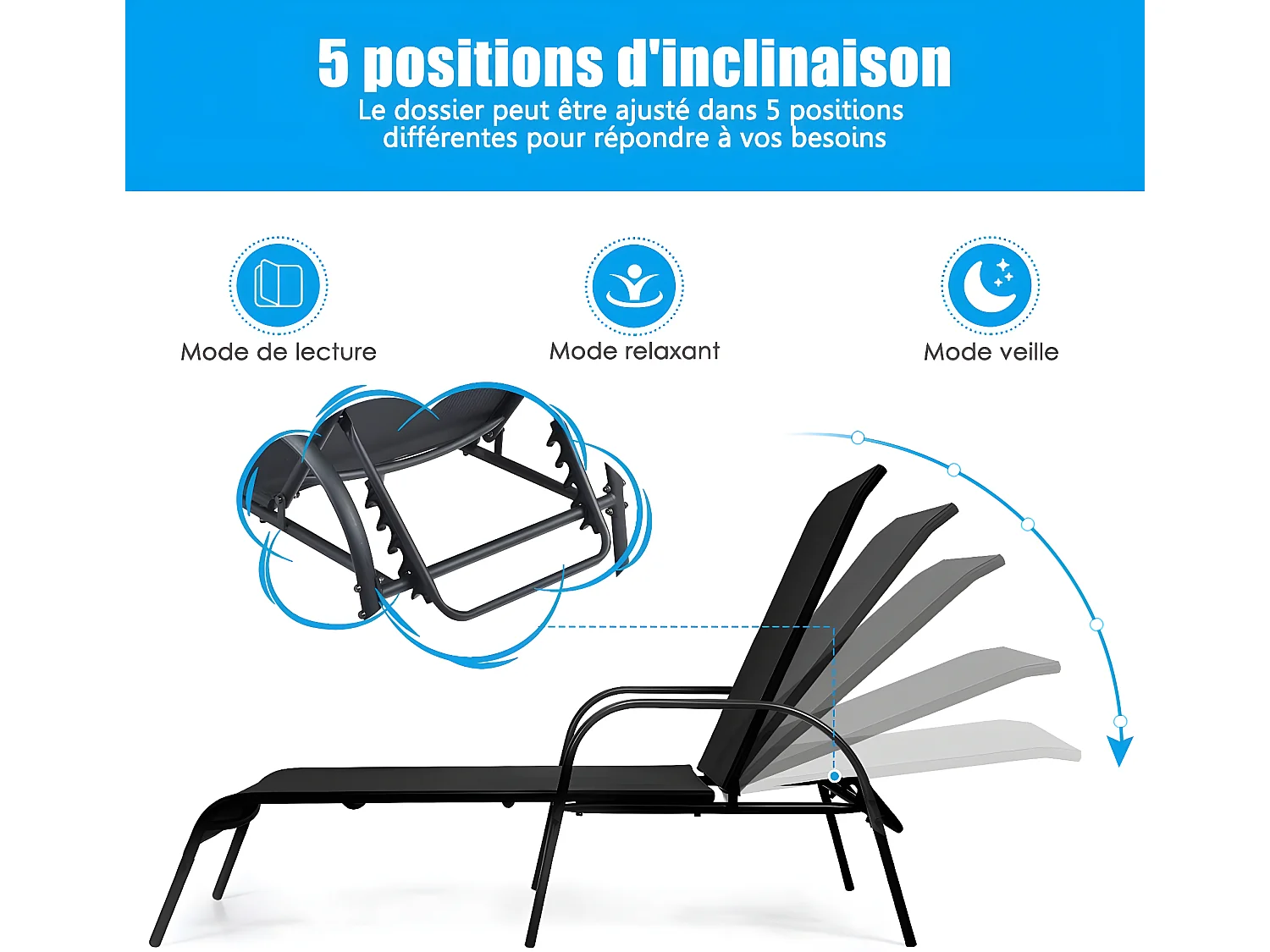 Chaise Bain de Soleil Inclinable/Longue de Jardin avec Dossier Réglable sur 5 Positions Transat de Relation avec Accoudoirs pour Plage, Jardin, Balcon, Piscine