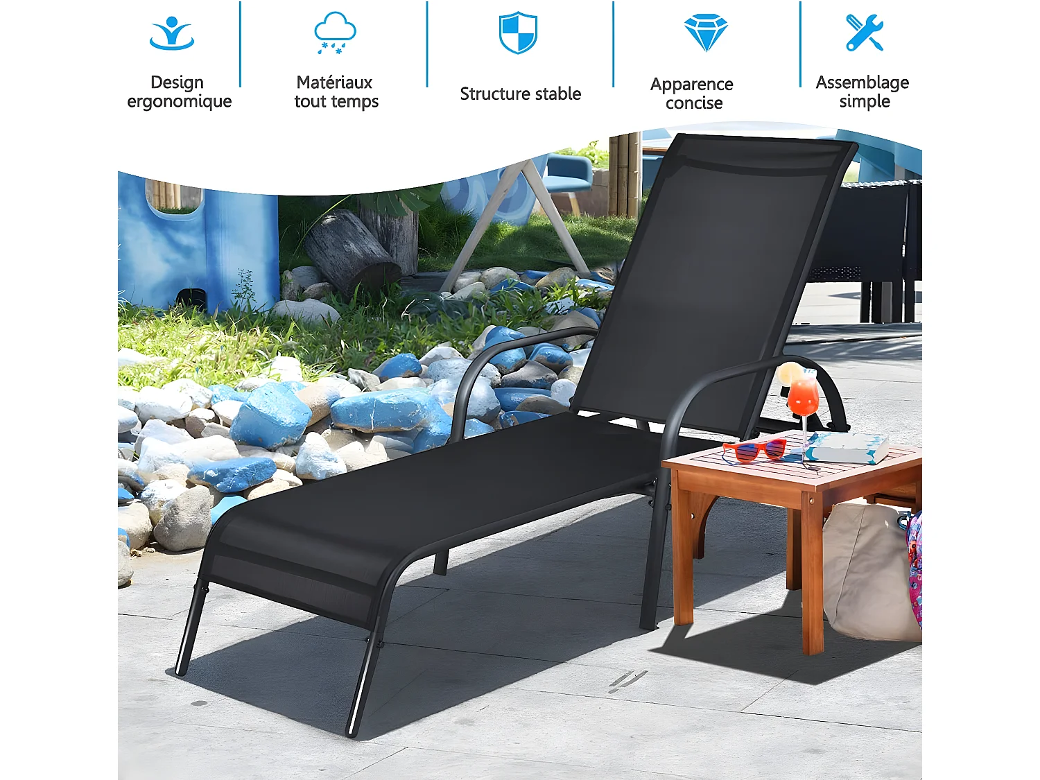 Chaise Bain de Soleil Inclinable/Longue de Jardin avec Dossier Réglable sur 5 Positions Transat de Relation avec Accoudoirs pour Plage, Jardin, Balcon, Piscine