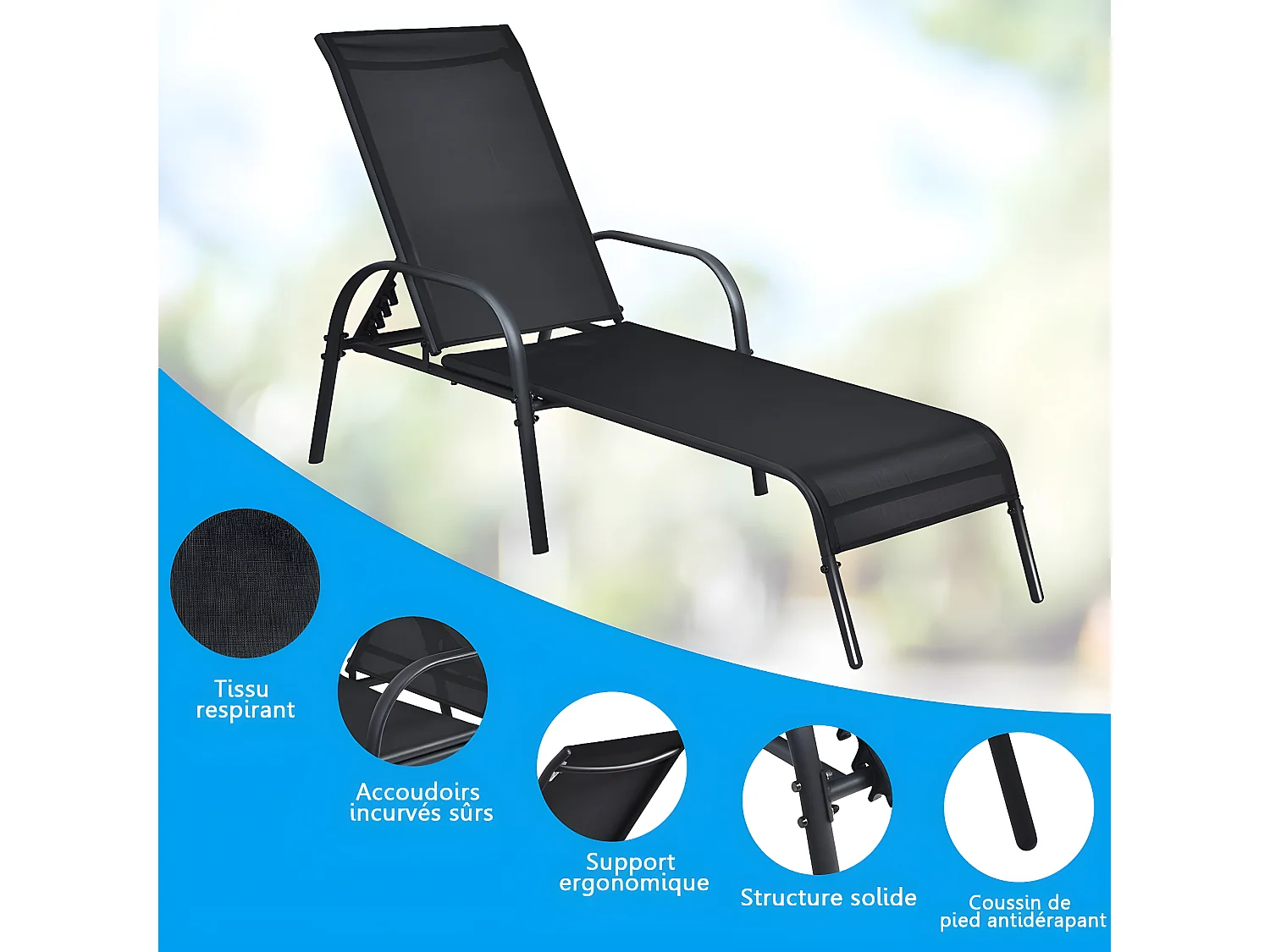 Chaise Bain de Soleil Inclinable/Longue de Jardin avec Dossier Réglable sur 5 Positions Transat de Relation avec Accoudoirs pour Plage, Jardin, Balcon, Piscine
