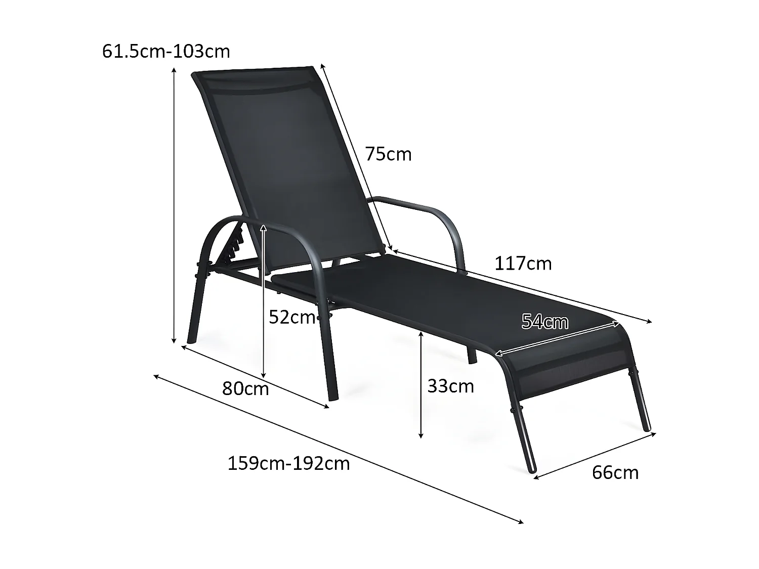 Chaise Bain de Soleil Inclinable/Longue de Jardin avec Dossier Réglable sur 5 Positions Transat de Relation avec Accoudoirs pour Plage, Jardin, Balcon, Piscine