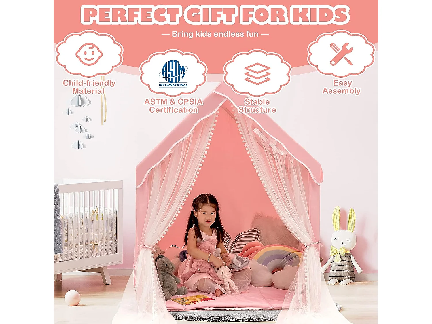 Tente de jeux pour enfants intérieur avec coussin rembourré amovible