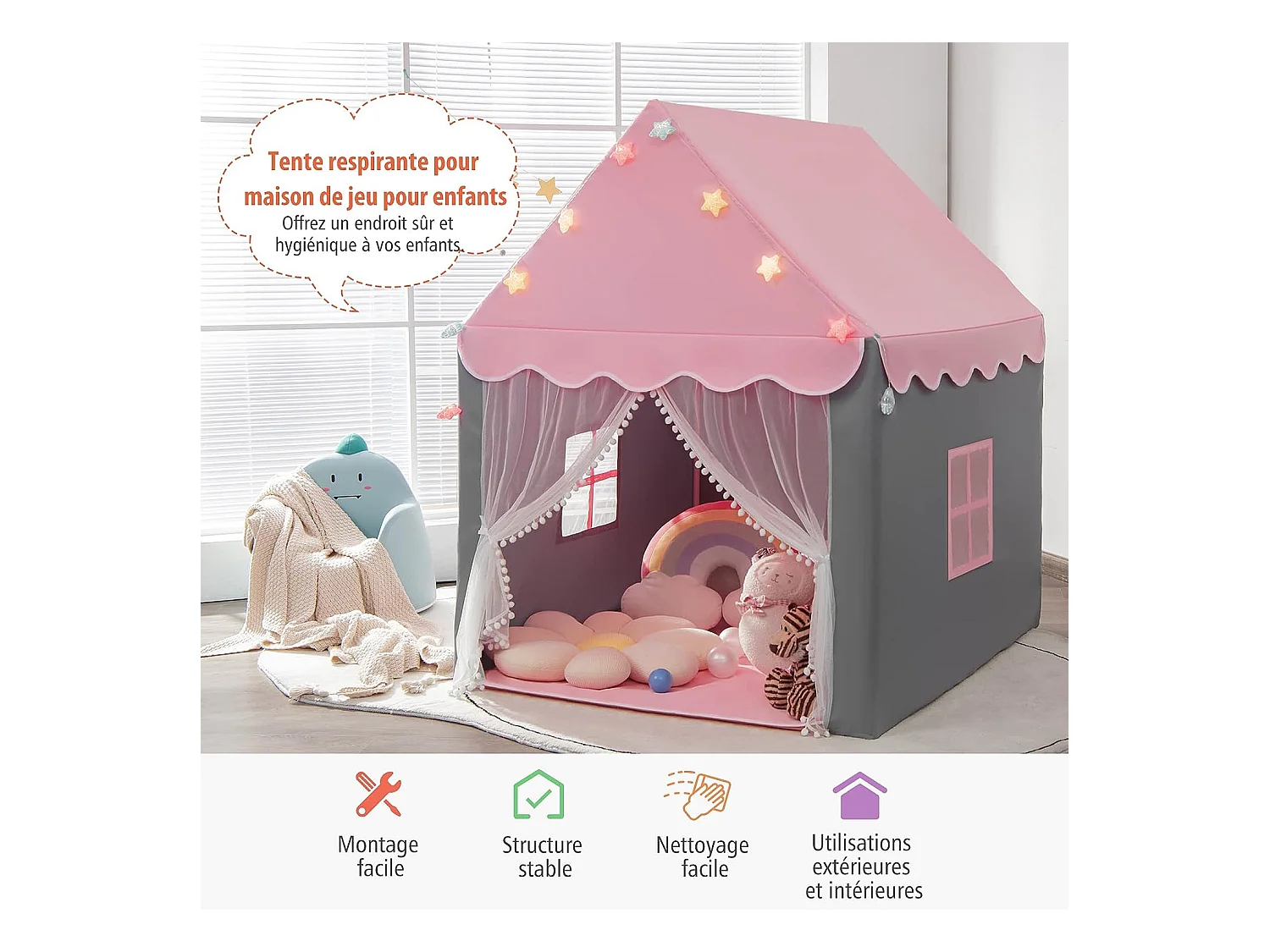 Tente de Jeux Enfants, Château de Princesse Tente Intérieure avec Tapis Lavable, Lumières Étoiles, 105 x 121 x 136 CM, Rose