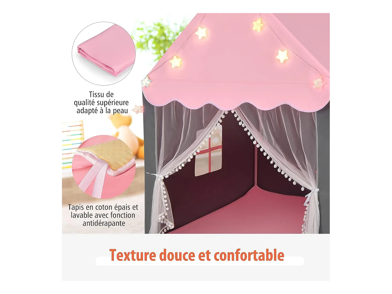 Tente de Jeux Enfants, Château de Princesse Tente Intérieure avec Tapis Lavable, Lumières Étoiles, 105 x 121 x 136 CM, Rose