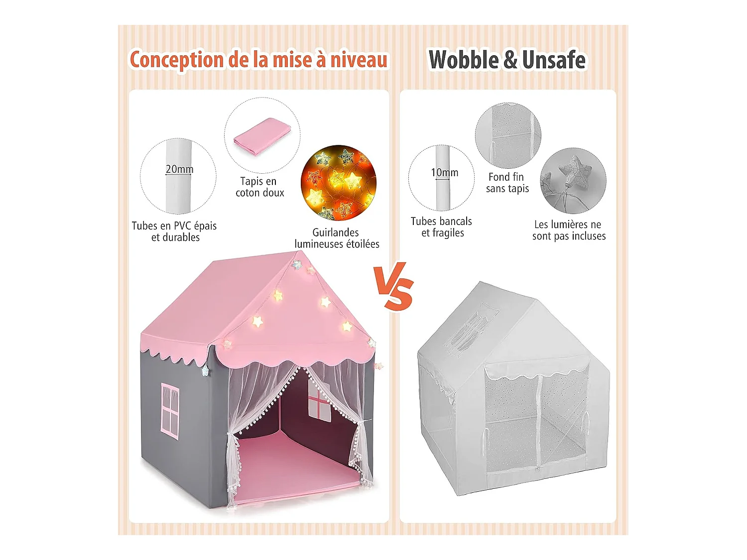 Tente de Jeux Enfants, Château de Princesse Tente Intérieure avec Tapis Lavable, Lumières Étoiles, 105 x 121 x 136 CM, Rose