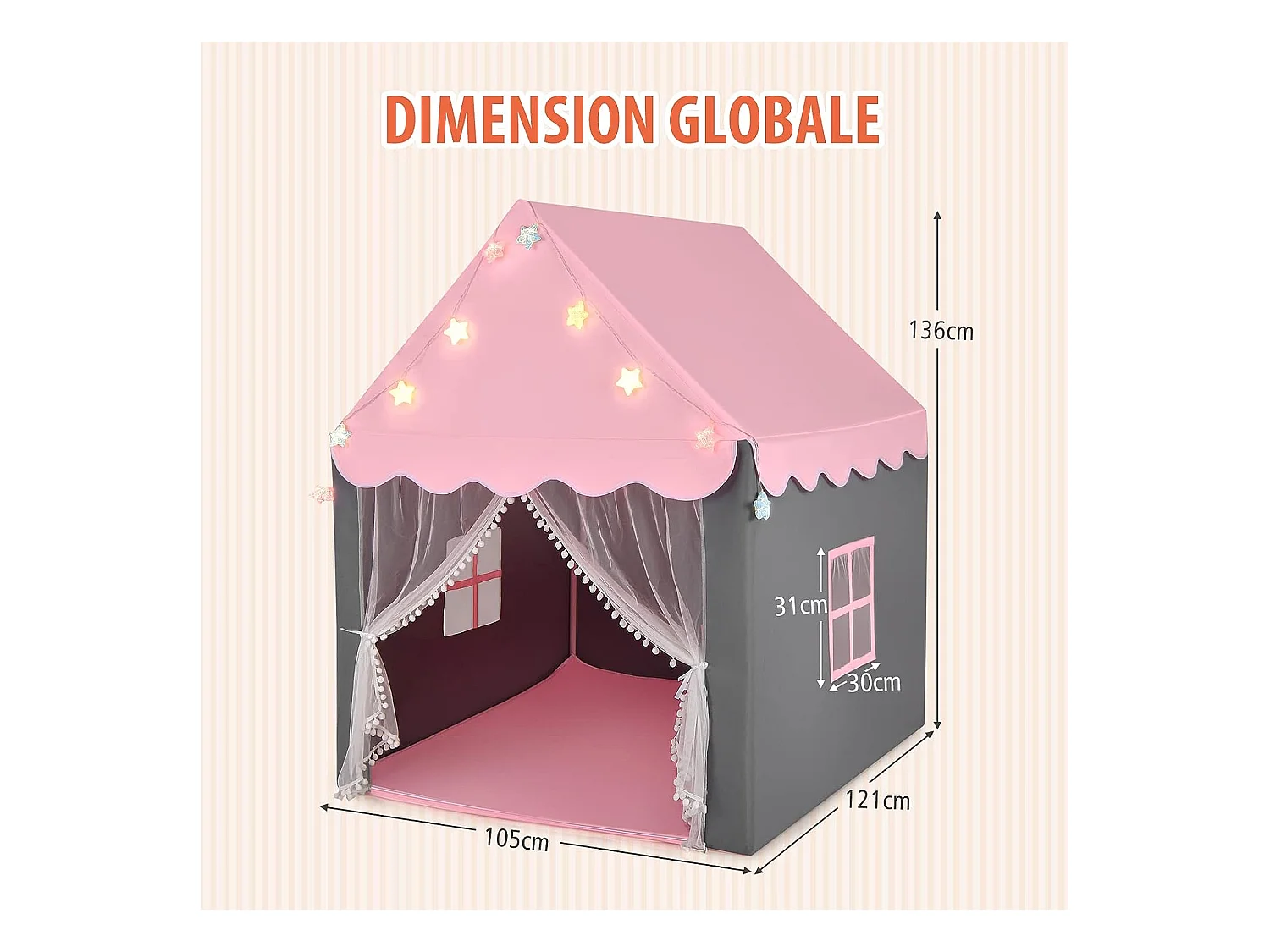 Tente de Jeux Enfants, Château de Princesse Tente Intérieure avec Tapis Lavable, Lumières Étoiles, 105 x 121 x 136 CM, Rose