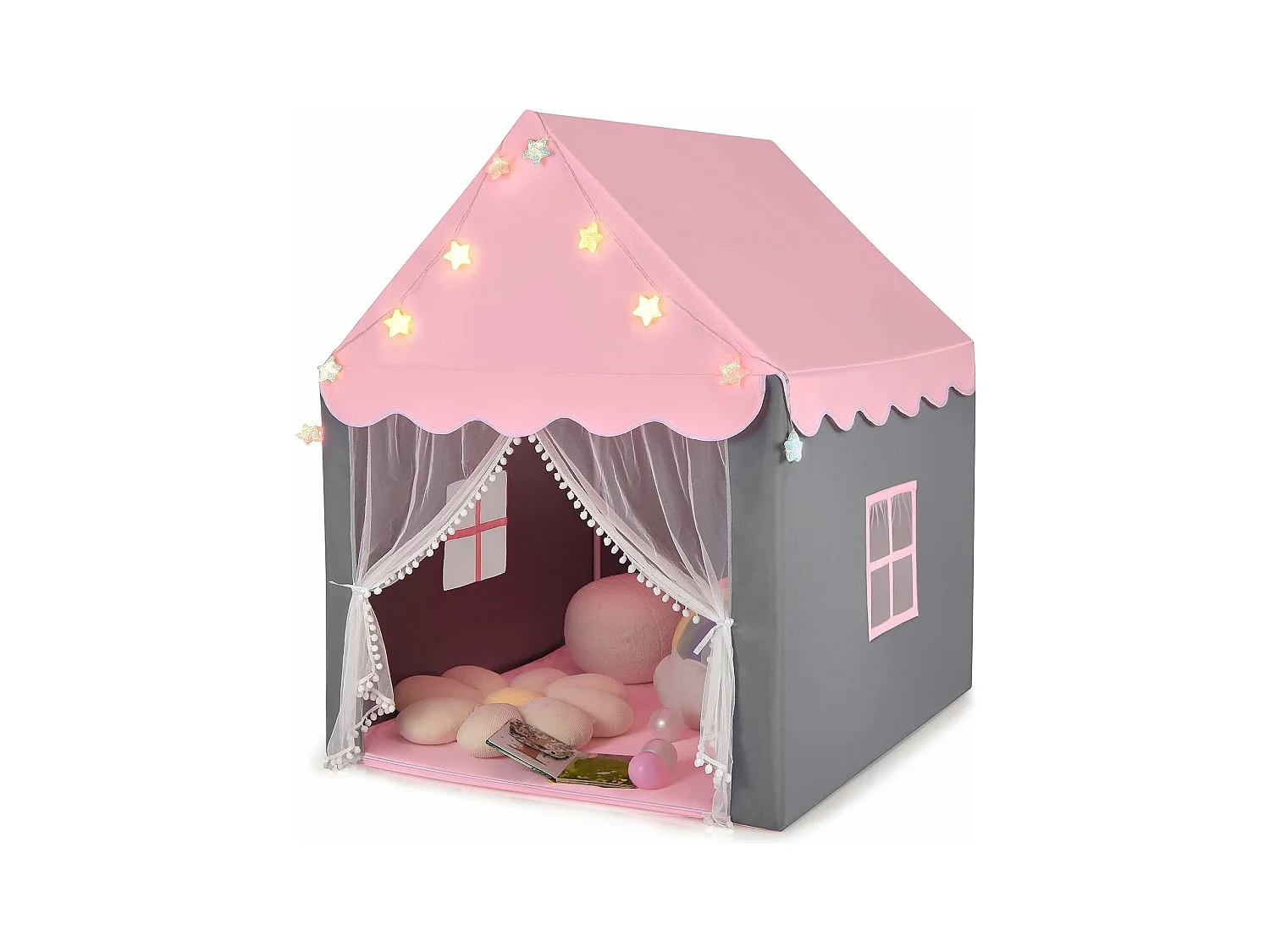 Tente de Jeux Enfants, Château de Princesse Tente Intérieure avec Tapis Lavable, Lumières Étoiles, 105 x 121 x 136 CM, Rose