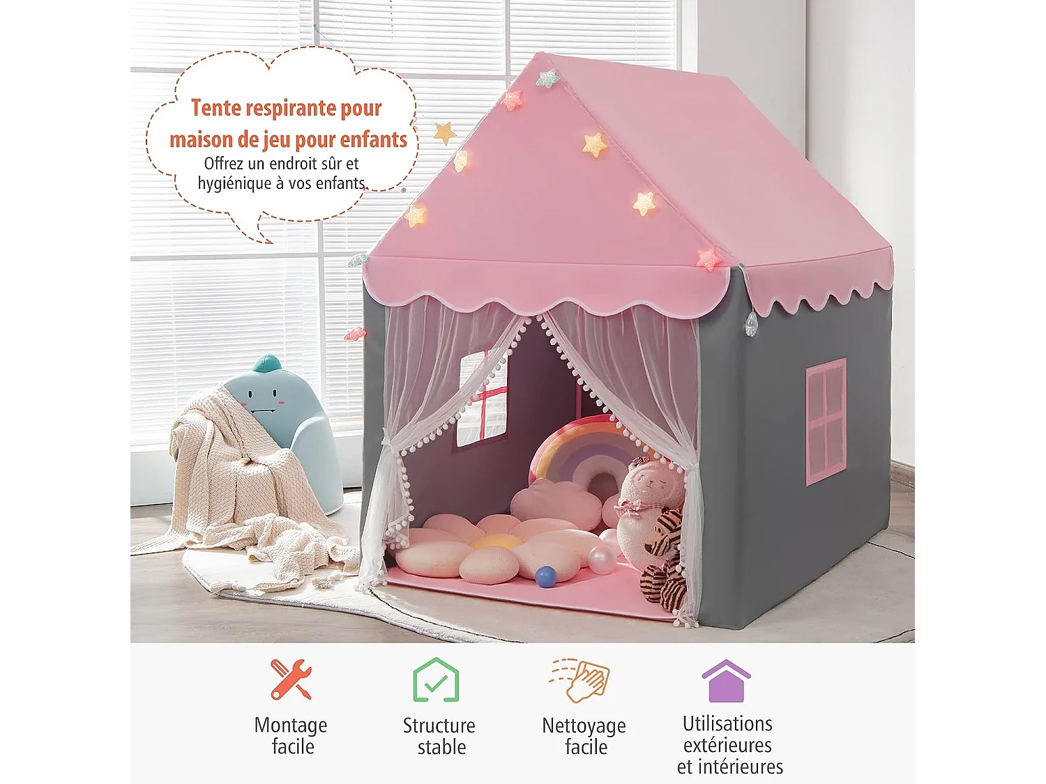 Tente de Jeux Enfants, Château de Princesse Tente Intérieure avec Tapis Lavable, Lumières Étoiles, 105 x 121 x 136 CM, Rose