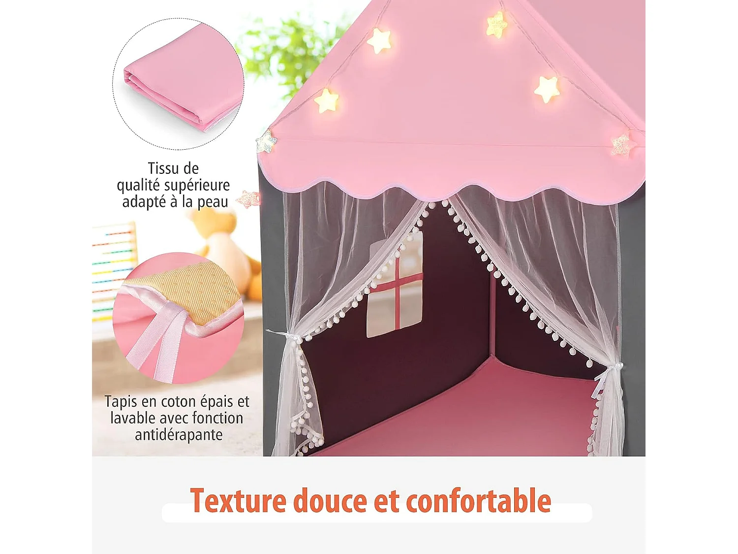 Tente de Jeux Enfants, Château de Princesse Tente Intérieure avec Tapis Lavable, Lumières Étoiles, 105 x 121 x 136 CM, Rose