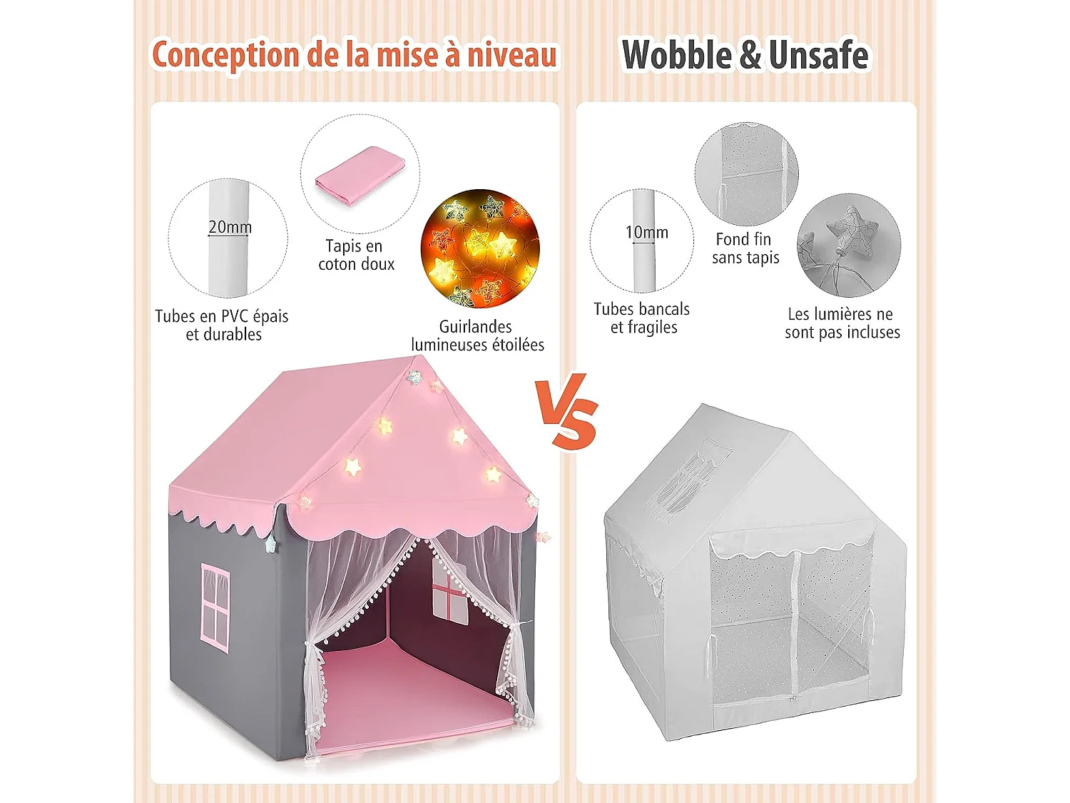 Tente de Jeux Enfants, Château de Princesse Tente Intérieure avec Tapis Lavable, Lumières Étoiles, 105 x 121 x 136 CM, Rose